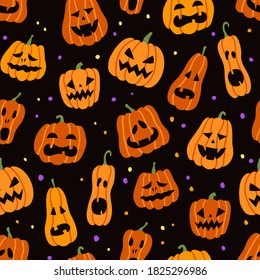 Halloween pumpkins. Color seamless pattern. Hand drawn vector illustration on black background