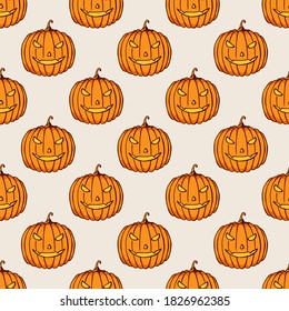 Las calabazas de Halloween colorean un patrón sin fisuras. Dibujando a mano dibujos de dibujos animados de doodle elementos de la celebración de Halloween.  Ilustración vectorial colorida.