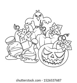 Halloween pumpkins crow and potions vector illustration cartoon. Halloween jack o lantern and crow cartoon colorless for coloring book. 