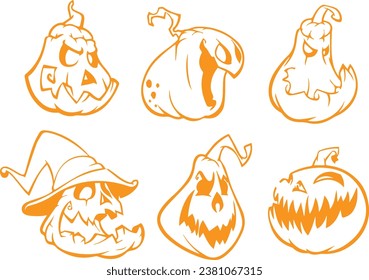 Halloween Pumpkins curved with jack o lantern face. Vector cartoon illustration.eps