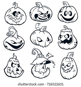 Halloween Pumpkins curved with jack o lantern face.  Vector cartoon illustration. Strokes and outlines