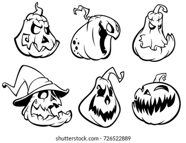 Halloween Pumpkins curved with jack o lantern face.  Vector cartoon illustration. Strokes and outlines. Cartoon characters for coloring book or decoration. Cartoon pumpkin outlines