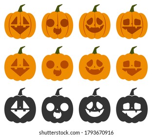 Halloween pumpkins with cute faces vector set isolated on a white background.