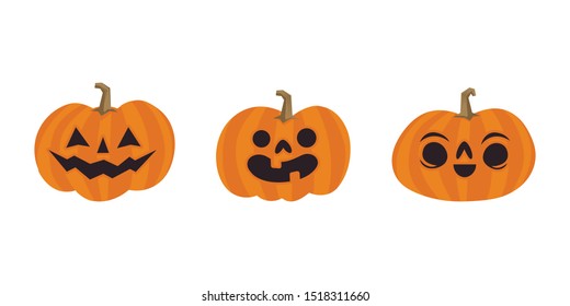 Halloween pumpkins cute illustration. Set of carved pumpkin cartoons with funny faces.