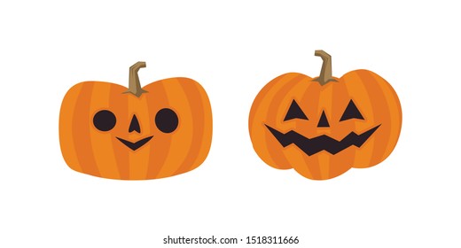 Halloween pumpkins cute illustration. Set of carved pumpkin cartoons with funny faces.
