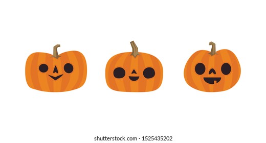 Halloween pumpkins cute illustration. Set of carved pumpkin cartoons with funny faces.