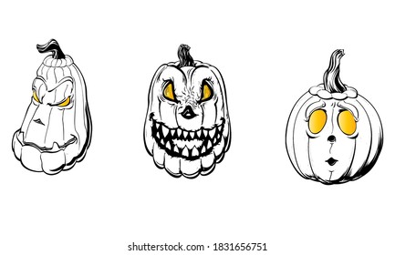 Halloween Kürbisse süße Illustration. Set geschnitzter Kürbiskürbis-Cartoons
