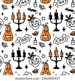 Halloween pumpkins and cute skulls, childish print. Vector.