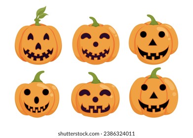halloween pumpkins with cute smile vector cartoon illustration set, 