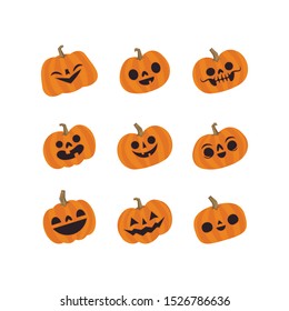 Halloween pumpkins cute vectors. Set of smiling and funny pumpkin illustrations.