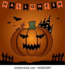 Halloween pumpkins and dark castle .