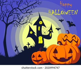 Halloween pumpkins and dark castle with glowing windows on the background of the moon and blue sky, vector illustration.