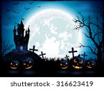 Halloween pumpkins and dark castle on blue Moon background, illustration.
