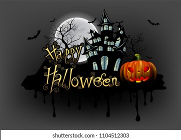 Halloween pumpkins and dark castle on blue Moon background, illustration