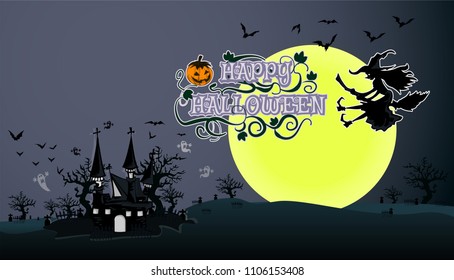 Halloween pumpkins and dark castle on Yellow Moon background,haunted house and full moon. Flyer or invitation template for Halloween party. Vector illustration.