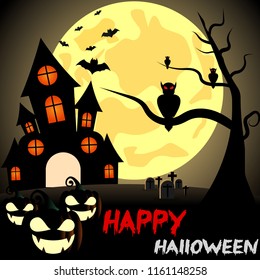 Halloween pumpkins and dark castle on the moon background