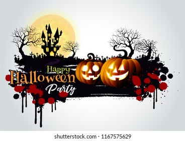 Halloween pumpkins and dark castle on full Moon background,Happy Halloween message design illustration.