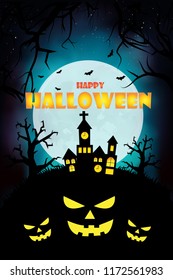 Halloween pumpkins and dark castle on blue Moon background, vector illustration.