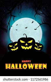 Halloween pumpkins and dark castle on blue Moon background, vector illustration.