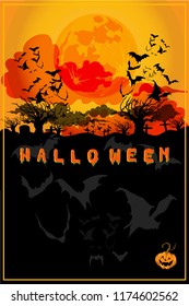 Halloween pumpkins and dark castle on Big Red Moon background, illustration