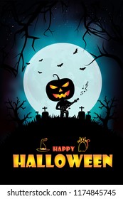 Halloween pumpkins and dark castle on blue Moon background, vector illustration.