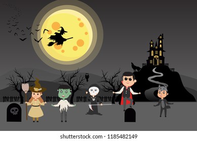 Halloween pumpkins and dark castle on blue Moon background, illustration.