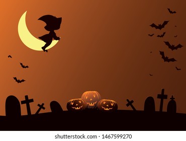 Halloween pumpkins and dark castle on orange Moon background, illustration. with full moon, evil pumpkin, witch, bat and traditional Halloween elements. Template for Halloween party. Border for design