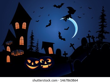 Halloween pumpkins and dark castle on blue Moon background, illustration with crescent moon, evil pumpkin, witch, bat and traditional Halloween elements. Template for Halloween party. 