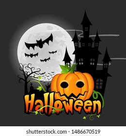 Halloween pumpkins and dark castle on background,Happy Halloween message design illustration.