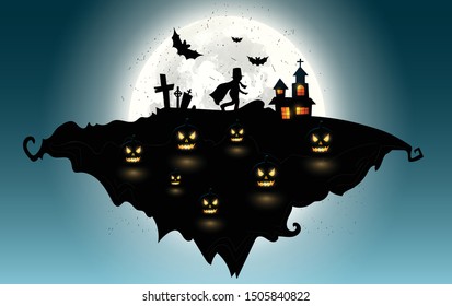 Halloween pumpkins and dark castle on blue Moon background, illustration.