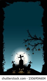 Halloween pumpkins and dark castle on blue Moon background, illustration.