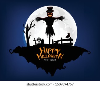 Halloween pumpkins and dark castle on blue Moon background, illustration.