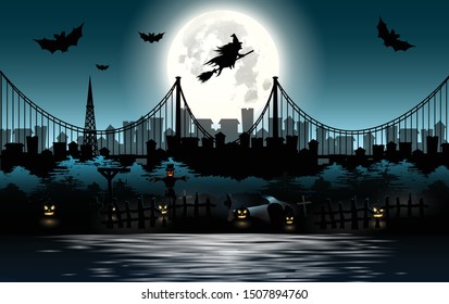 Halloween pumpkins and dark castle on blue Moon background, illustration.