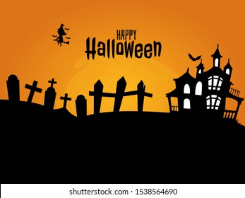 Halloween pumpkins and dark castle on Moon background