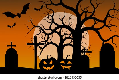 Halloween pumpkins and dark castle on blue Moon background, illustration
