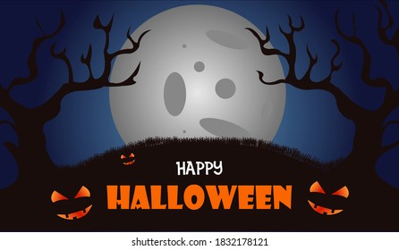 Halloween pumpkins and dark castle on blue Moon background, illustration.