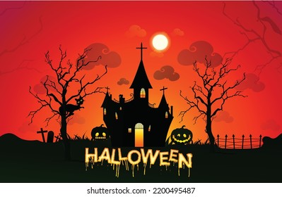 Calabazas de Halloween y castillo oscuro en el fondo de la luna Linterna y árbol espeluznante y búho 