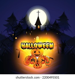 Halloween pumpkins and dark castle on Moon background Lantern and spooky tree and owl 
