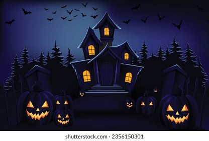 Halloween Pumpkins and Dark Castle on Blue Moon  vector illustration.