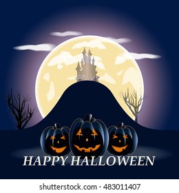 Halloween pumpkins and dark castle on blue Moon background, illustration.