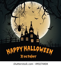 Halloween pumpkins and dark castle on blue Moon background, illustration.