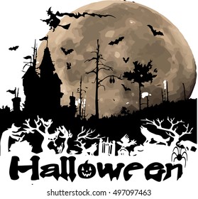 Halloween pumpkins and dark castle on Moon background, illustration.