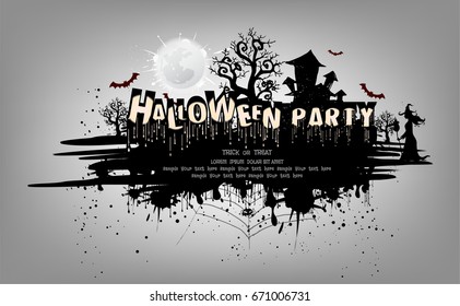 Halloween pumpkins and dark castle on full Moon background,Party Halloween text of blood design illustration.