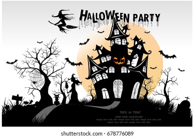 Halloween pumpkins and dark castle on full Moon background,Halloween party design illustration