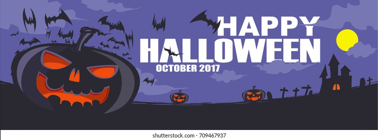 Halloween pumpkins and dark castle on purple sky whit full Moon background, illustration banner