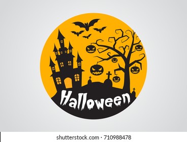 Halloween pumpkins and dark castle on background,Happy Halloween message design illustration.