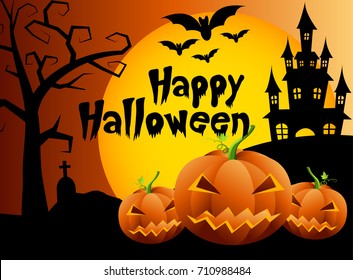 Halloween pumpkins and dark castle on background,Happy Halloween message design illustration.