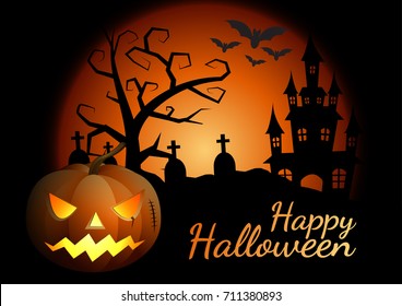 Halloween pumpkins and dark castle on background, Happy Halloween message design illustration.