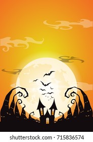 Halloween pumpkins and dark castle on Moon background, illustration.