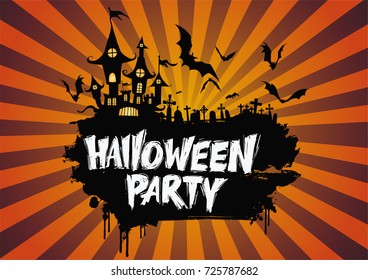 Halloween pumpkins and dark castle on full Moon background,Happy Halloween message design illustration.